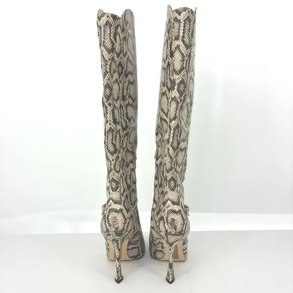 Sam Edelman Elia Knee-High Snakeskin Python Pattern Boots Pointed Toe Stiletto